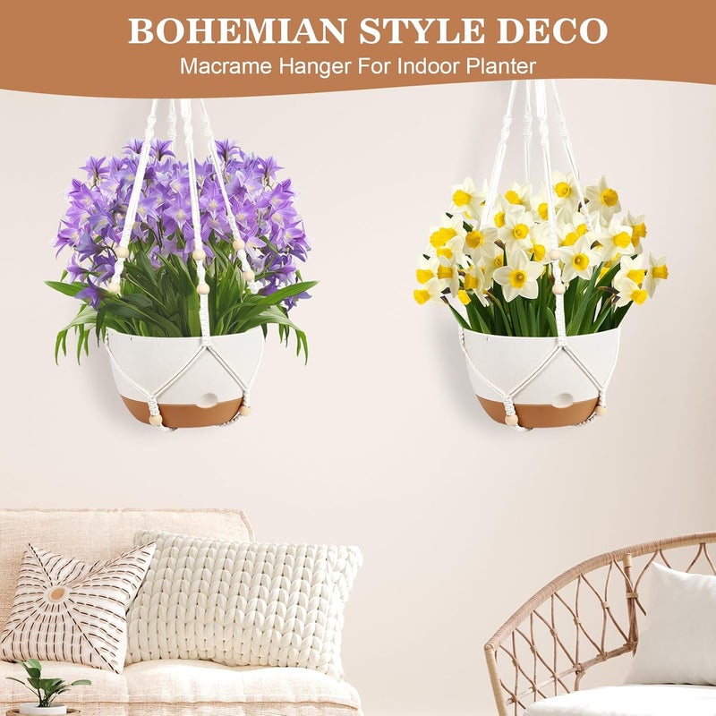 Boochcom Store 3 عبوات من المزارع المعلقة للنباتات الداخلية، 10 + 10 + 8 بوصة وعاء نبات معلق ذاتي الري، حامل نباتات ماكرامي مع وعاء، خطافات سقف، صحن قابل للإزالة وفتحات تصريف للحديقة المنزلية - أبيض - Image 4